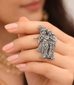 Oxidised radha krishna finger ring | silver look adjustable statement ring | hindu god jewelry