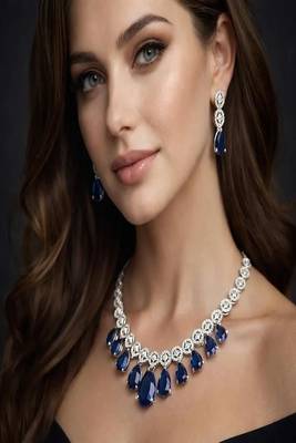 Blue sapphire drop necklace set, silver statement necklace earrings set, bridal wedding jewelry 1