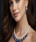 Blue sapphire drop necklace set, silver statement necklace earrings set, bridal wedding jewelry