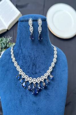 Blue sapphire drop necklace set, silver statement necklace earrings set, bridal wedding jewelry 2