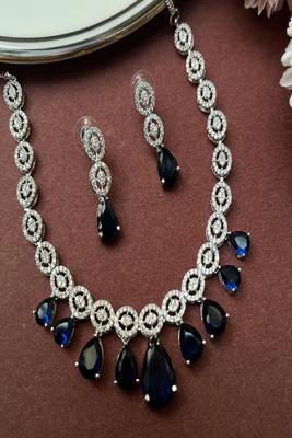 Blue sapphire drop necklace set, silver statement necklace earrings set, bridal wedding jewelry 3