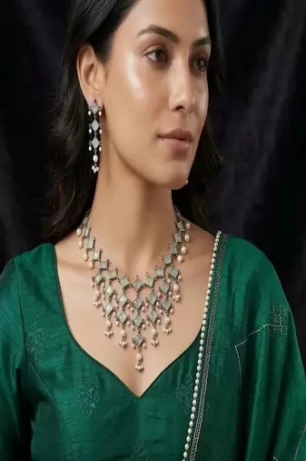 Oxidized silver mint green choker necklace set with pearls, indian ethnic kundan jewelry for women
