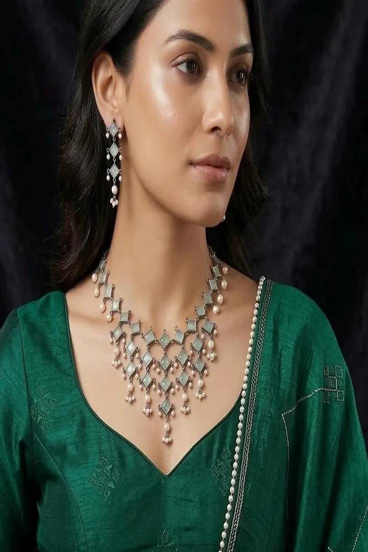 Oxidized silver mint green choker necklace set with pearls, indian ethnic kundan jewelry for women
