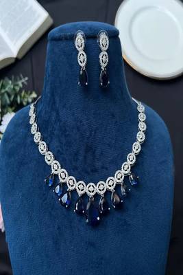 Blue sapphire drop necklace set, silver statement necklace earrings set, bridal wedding jewelry 4