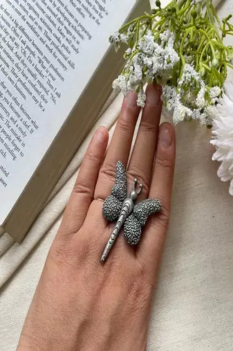 Oxidized silver butterfly ring: adjustable boho statement jewelry