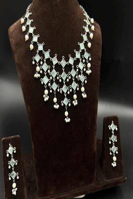 Oxidized silver mint green choker necklace set with pearls, indian ethnic kundan jewelry for women 2