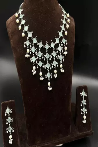Oxidized silver mint green choker necklace set with pearls, indian ethnic kundan jewelry for women