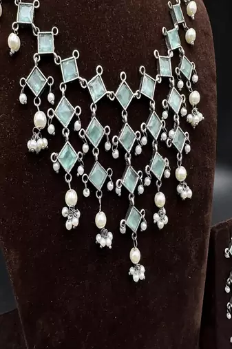 Oxidized silver mint green choker necklace set with pearls, indian ethnic kundan jewelry for women