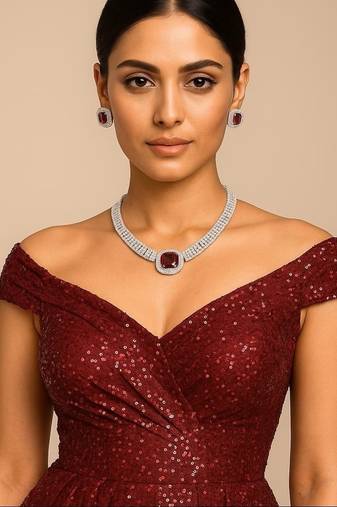 Cz ruby necklace & earrings set: bridal statement jewelry