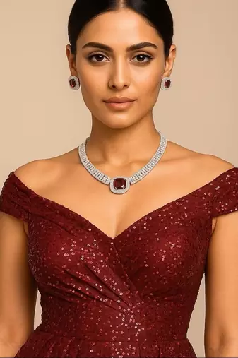 Cz ruby necklace & earrings set: bridal statement jewelry