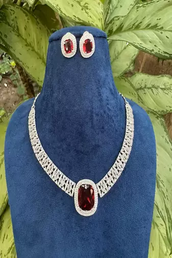 Cz ruby necklace & earrings set: bridal statement jewelry