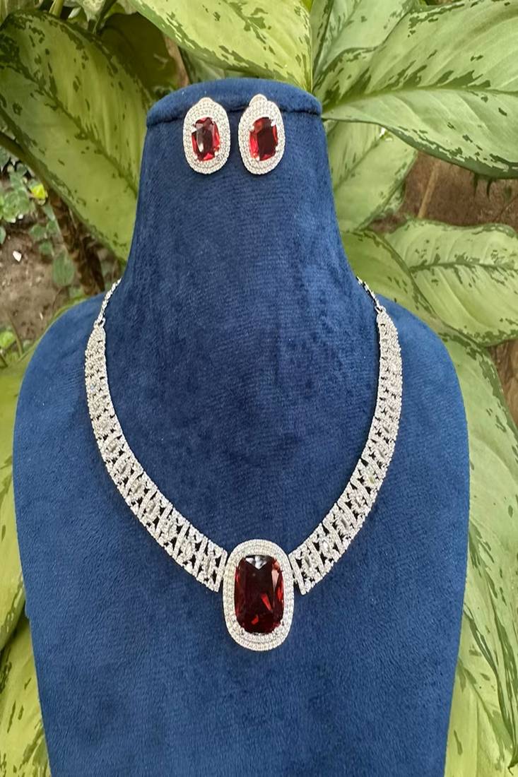 Cz ruby necklace & earrings set: bridal statement jewelry