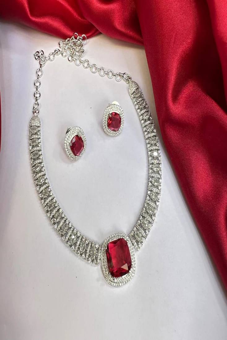 Cz ruby necklace & earrings set: bridal statement jewelry