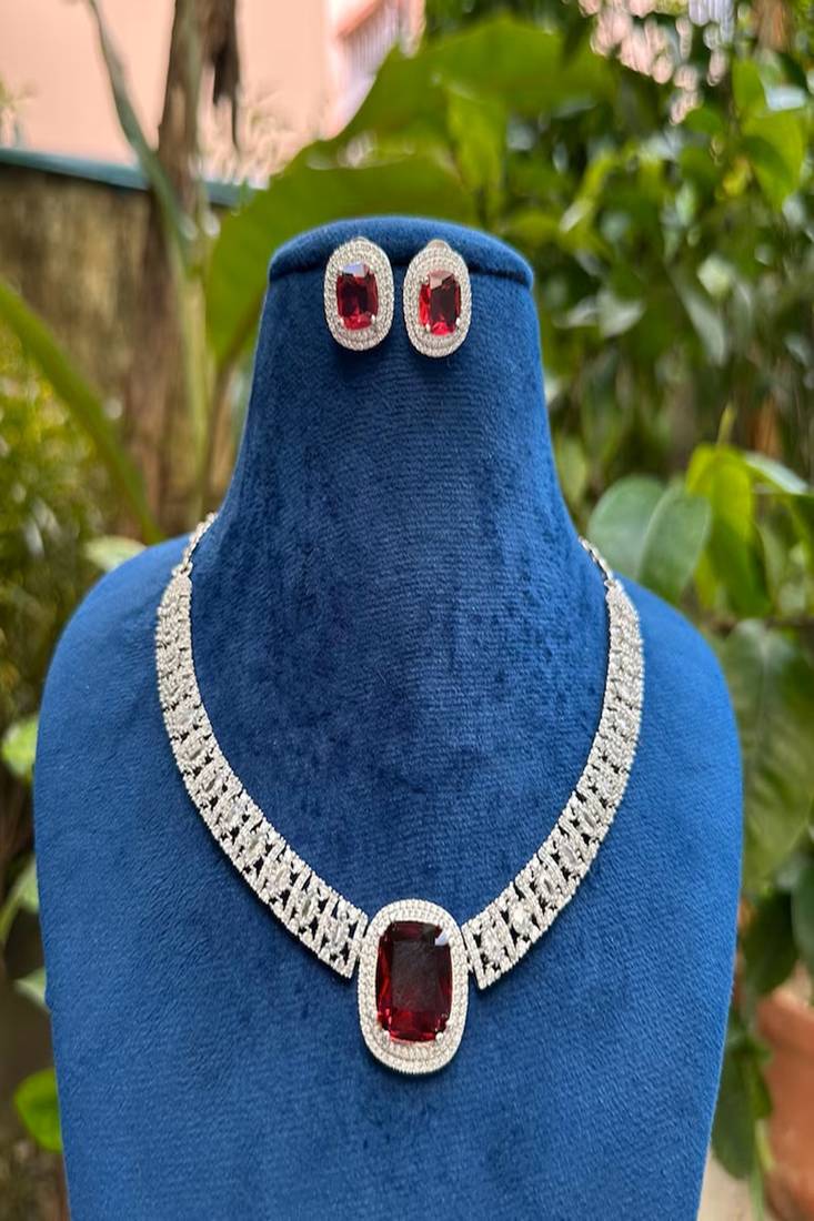 Cz ruby necklace & earrings set: bridal statement jewelry