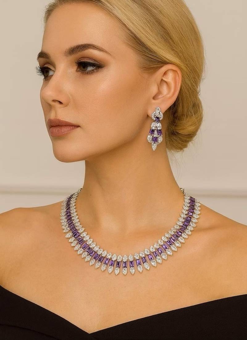 Amethyst bridal jewelry set: cubic zirconia necklace & drop earrings