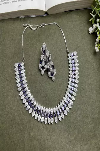 Amethyst bridal jewelry set: cubic zirconia necklace & drop earrings