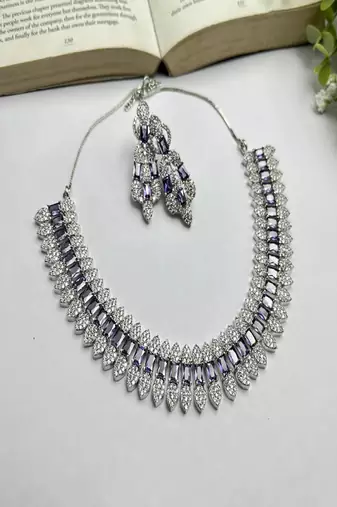 Amethyst bridal jewelry set: cubic zirconia necklace & drop earrings