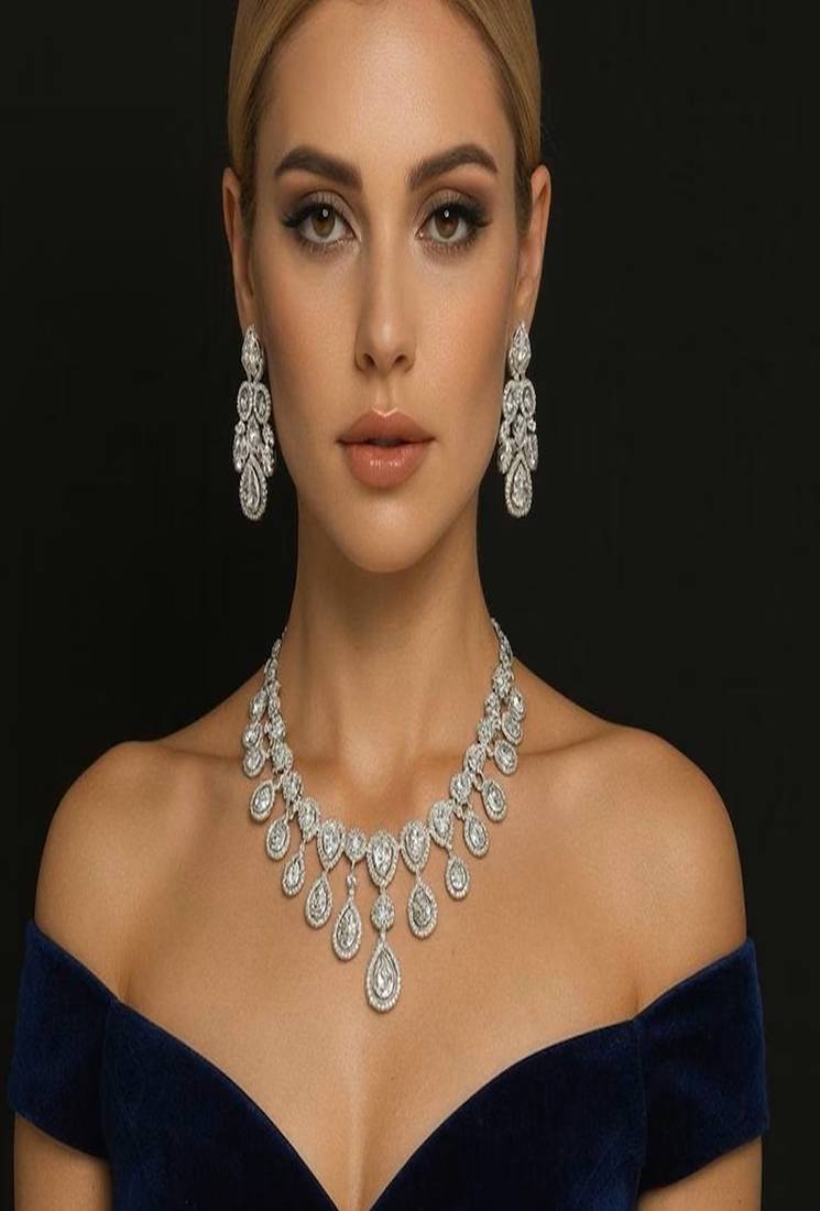 Sparkly teardrop cz bridal jewelry set: silver wedding necklace & earrings