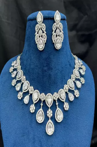 Sparkly teardrop cz bridal jewelry set: silver wedding necklace & earrings