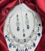 Blue stone indian bridal jewelry set: silver kundan necklace, earrings, maangtika