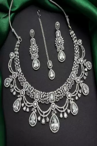 Silver cz bridal jewelry set: choker necklace, earrings, maang tikka