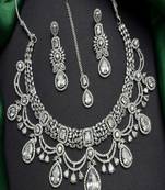 Silver cz bridal jewelry set: choker necklace, earrings, maang tikka