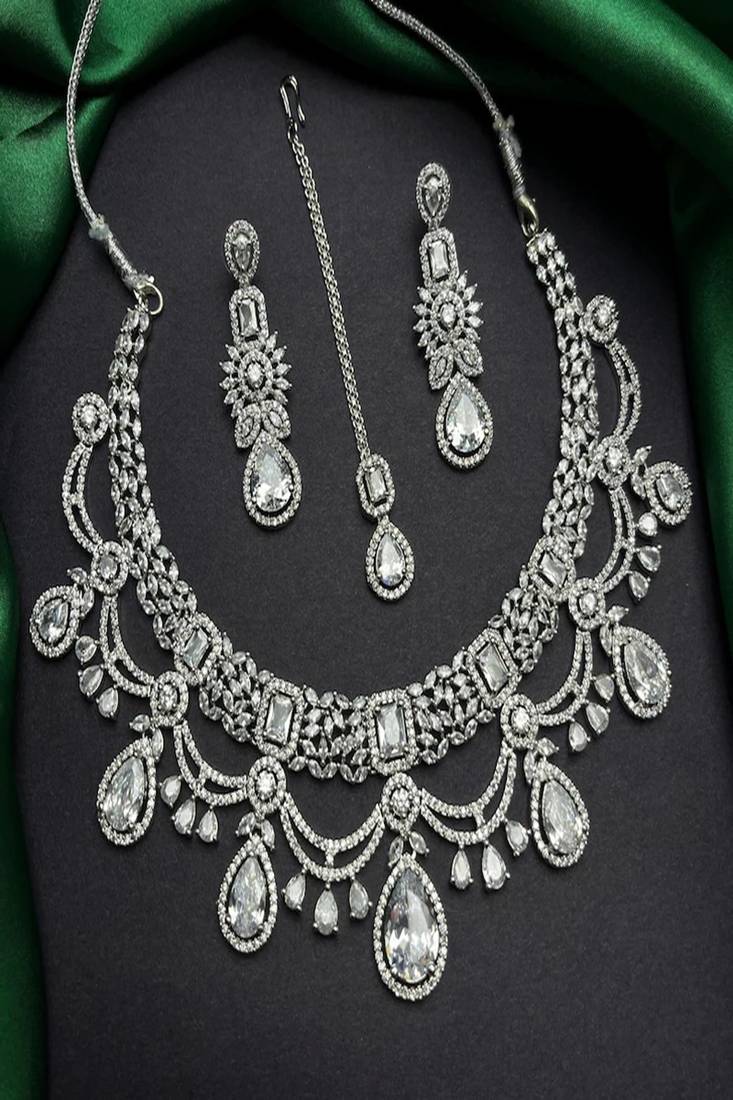 Silver cz bridal jewelry set: choker necklace, earrings, maang tikka