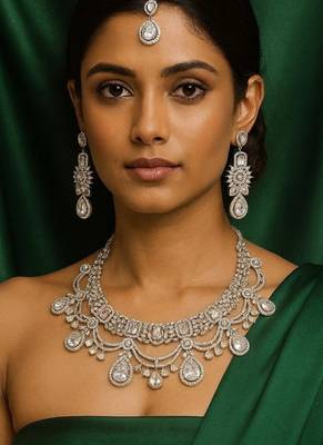 Silver cz bridal jewelry set: choker necklace, earrings, maang tikka 2