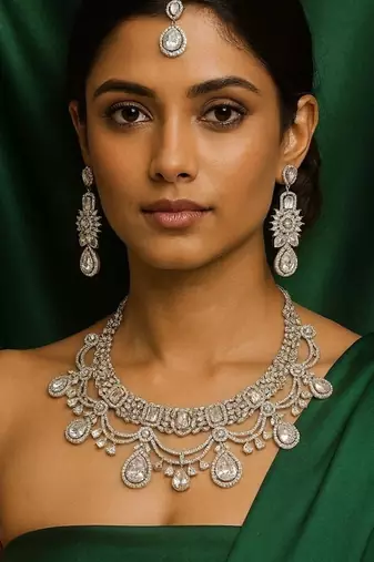 Silver cz bridal jewelry set: choker necklace, earrings, maang tikka