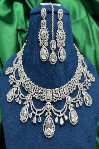 Silver cz bridal jewelry set: choker necklace, earrings, maang tikka