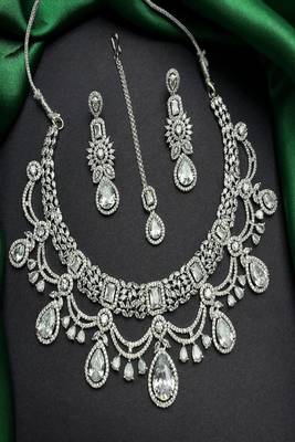 Silver cz bridal jewelry set: choker necklace, earrings, maang tikka 5