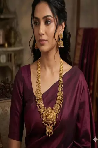 Antique gold temple jewelry set|lakshmi haaram necklace, jhumka earrings