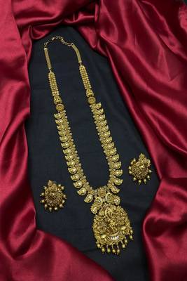 Antique gold temple jewelry set|ganesh lakshmi haram necklace, jhumka earrings 2