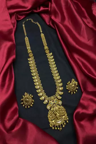 Antique gold temple jewelry set|ganesh lakshmi haram necklace, jhumka earrings
