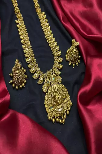 Antique gold temple jewelry set|ganesh lakshmi haram necklace, jhumka earrings