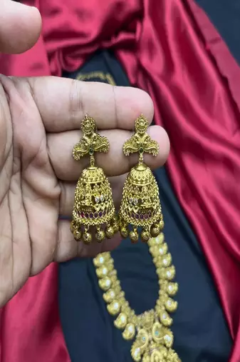 Antique gold temple jewelry set|ganesh lakshmi haram necklace, jhumka earrings