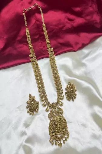 Antique gold temple jewelry set|ganesh lakshmi haram necklace, jhumka earrings