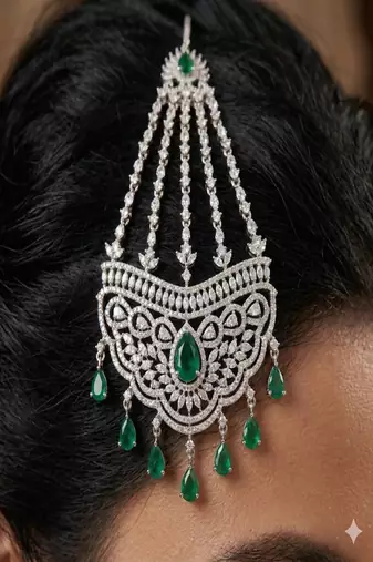 Mughal style jhoomar passa | emerald cubic zirconia bridal headpiece
