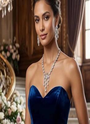 Silver tear drop wedding necklace set for bride, crystal chandelier formal cocktail jewelry set 1