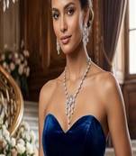 Silver tear drop wedding necklace set for bride, crystal chandelier formal cocktail jewelry set