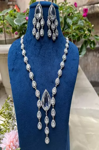 Silver tear drop wedding necklace set for bride, crystal chandelier formal cocktail jewelry set