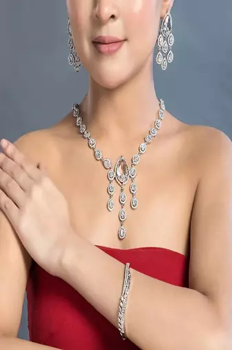 Silver tear drop wedding necklace set for bride, crystal chandelier formal cocktail jewelry set