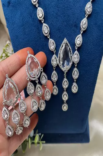 Silver tear drop wedding necklace set for bride, crystal chandelier formal cocktail jewelry set