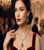 Red doublet pendant necklace set: american diamond cz silver plated party jewelry