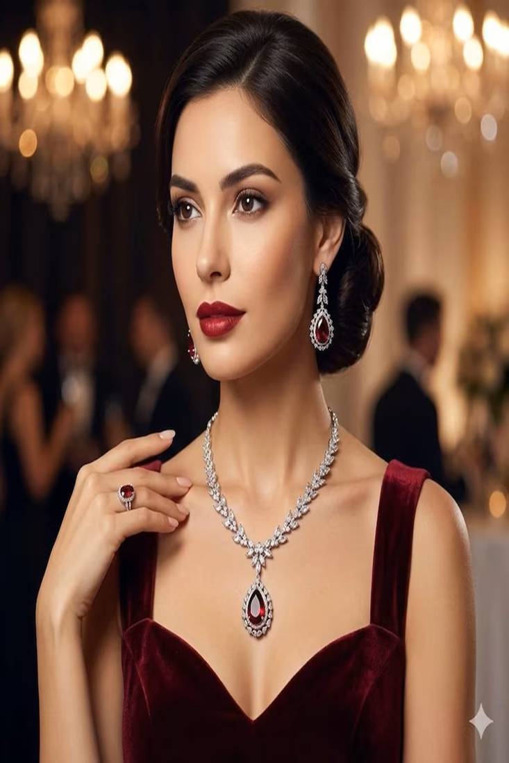 Red doublet pendant necklace set: american diamond cz silver plated party jewelry