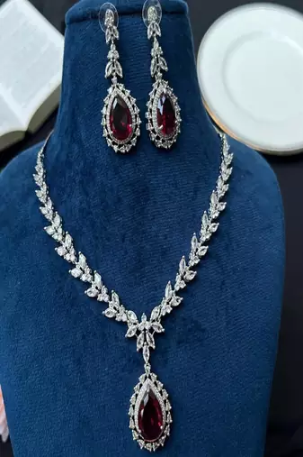 Red doublet pendant necklace set: american diamond cz silver plated party jewelry