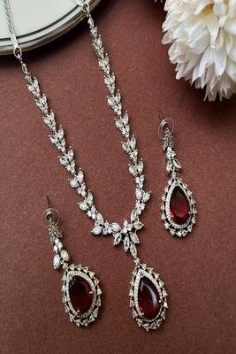 Red doublet pendant necklace set: american diamond cz silver plated party jewelry 3