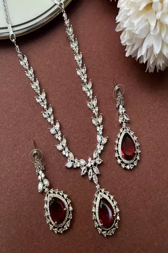 Red doublet pendant necklace set: american diamond cz silver plated party jewelry