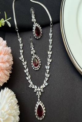 Red doublet pendant necklace set: american diamond cz silver plated party jewelry 4