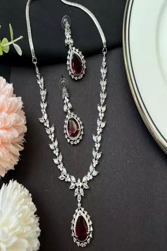 Red doublet pendant necklace set: american diamond cz silver plated party jewelry